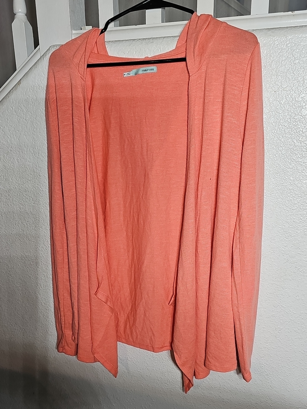Maurices Coral Open-Front Hooded Cardigan